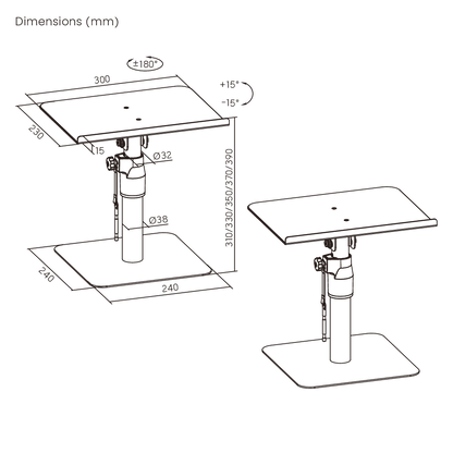Dimension drawing of the Lumi BS-77T speaker tabletop stand showing overall size and mounting dimensions