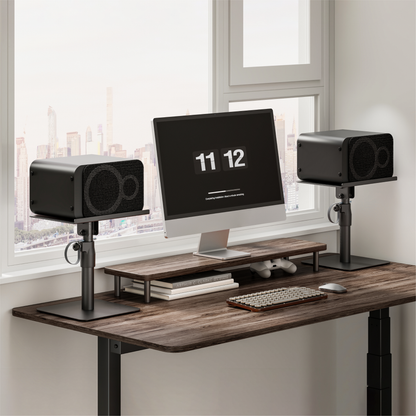 Lumi BS-77T speaker tabletop stand installed in a home or studio setting