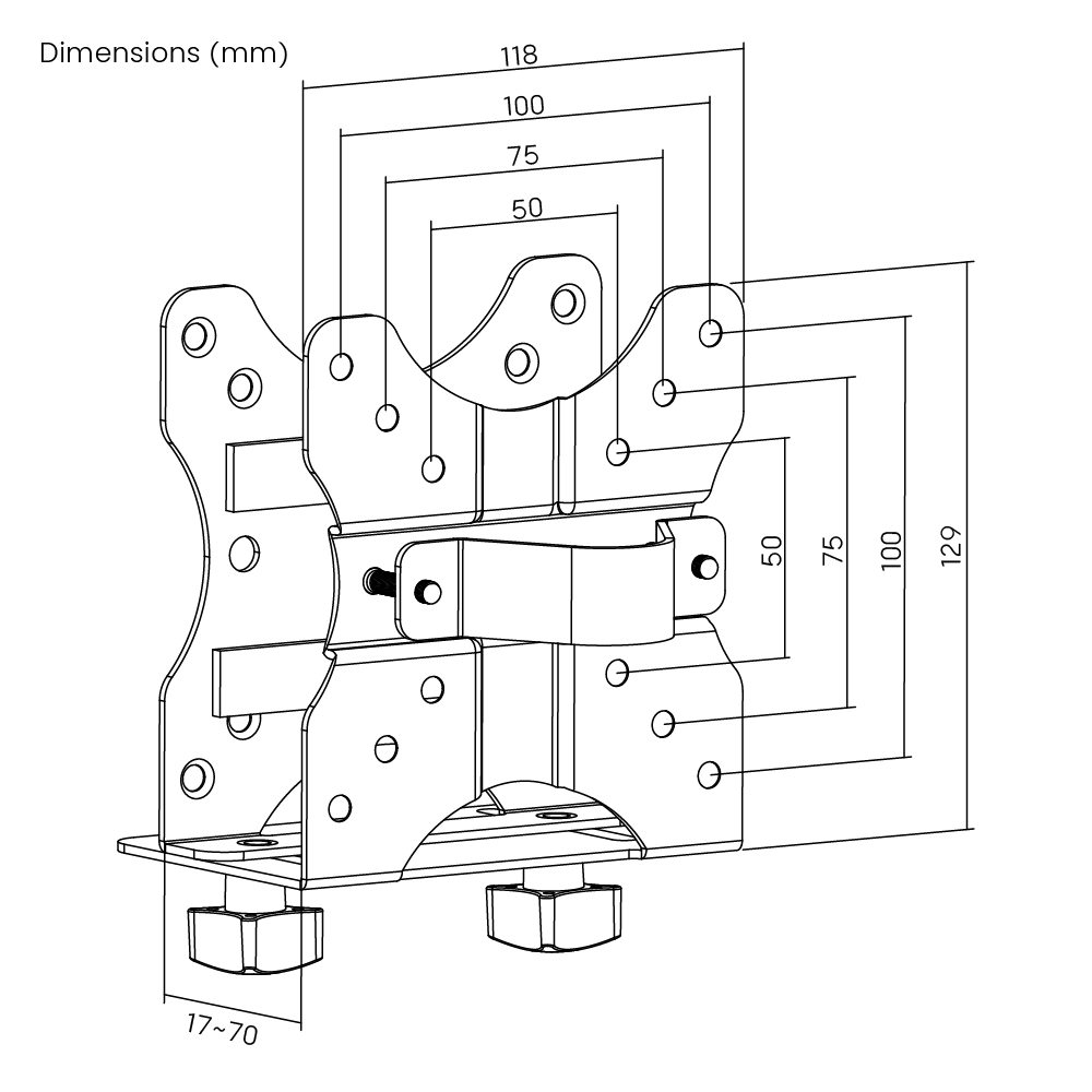 Dimension drawing of the Lumi CPB-1 thin client CPU holder showing overall size and mounting dimensions