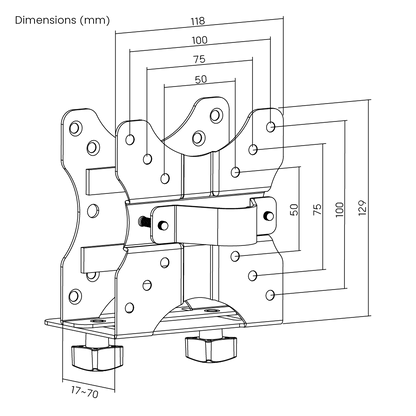Dimension drawing of the Lumi CPB-1 thin client CPU holder showing overall size and mounting dimensions