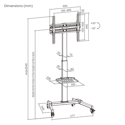 Dimension drawing of the Lumi FS22-44TW TV cart showing overall size and mounting dimensions