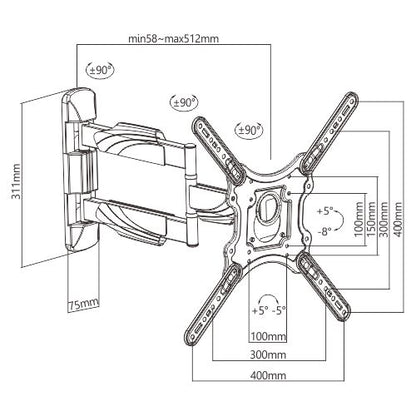 Dimension drawing of the Lumi KMA28-443 full-motion TV wall mount showing overall size and mounting dimensions