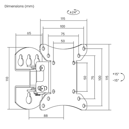 Dimension drawing of the Lumi LCD-501N full-motion TV wall mount showing overall size and mounting dimensions