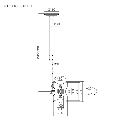 Dimension drawing of the Lumi LCD-504A TV ceiling mount showing overall size and mounting dimensions