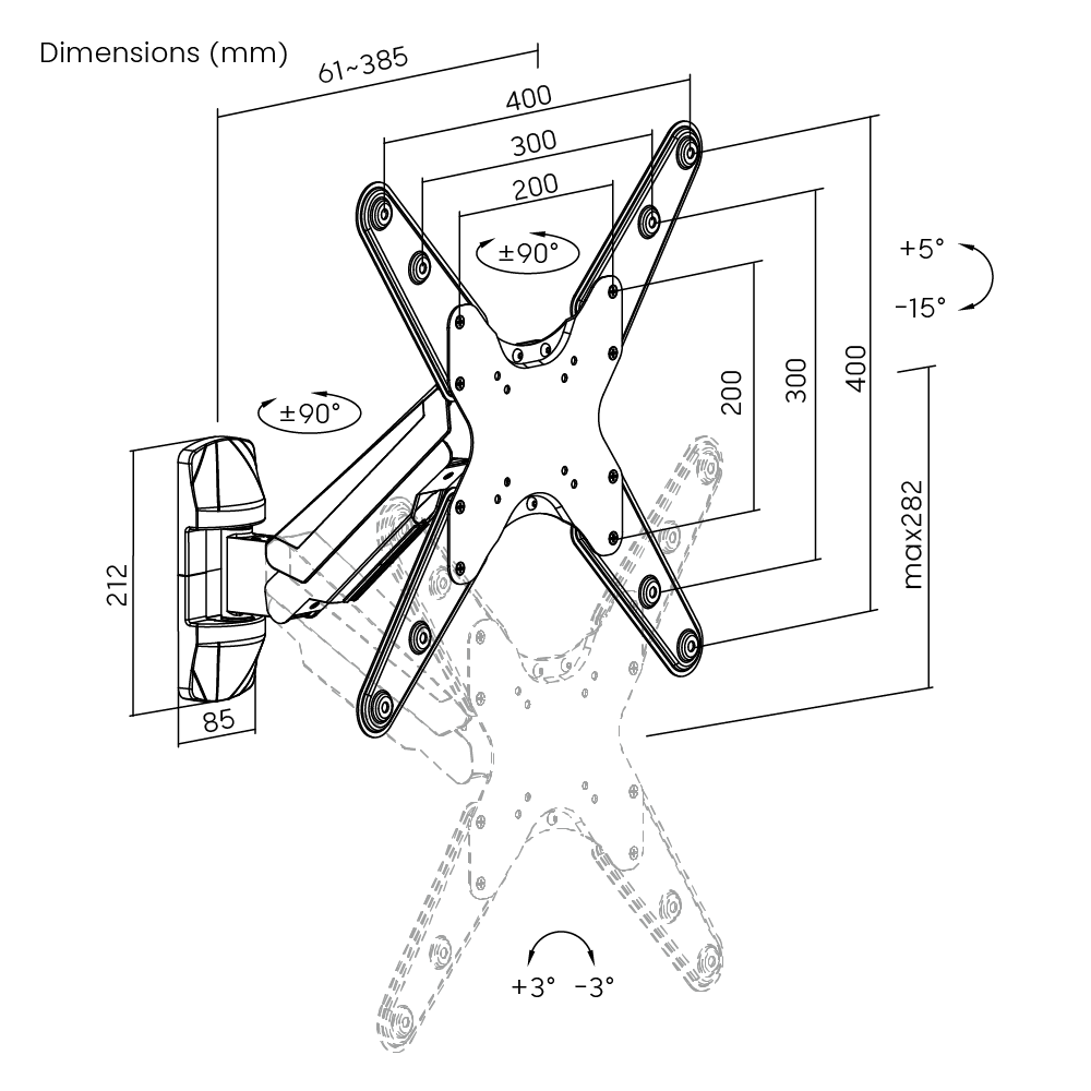 Dimension drawing of the Lumi LDA24-441 gas spring TV mount showing overall size and mounting dimensions