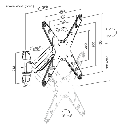 Dimension drawing of the Lumi LDA24-441 gas spring TV mount showing overall size and mounting dimensions