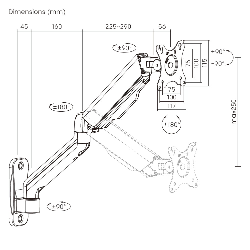 Dimension drawing of the Lumi LDA32-112E mechanical spring monitor arm showing overall size and mounting dimensions