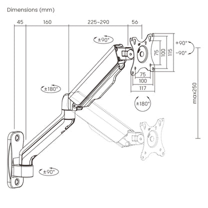 Dimension drawing of the Lumi LDA32-112E mechanical spring monitor arm showing overall size and mounting dimensions