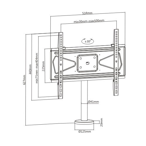 Dimension drawing of the Lumi LDT03-16L TV tabletop stand showing overall size and mounting dimensions