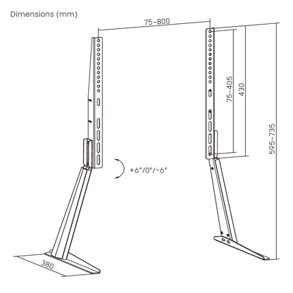 Dimension drawing of the Lumi LDT03-21L TV tabletop stand showing overall size and mounting dimensions