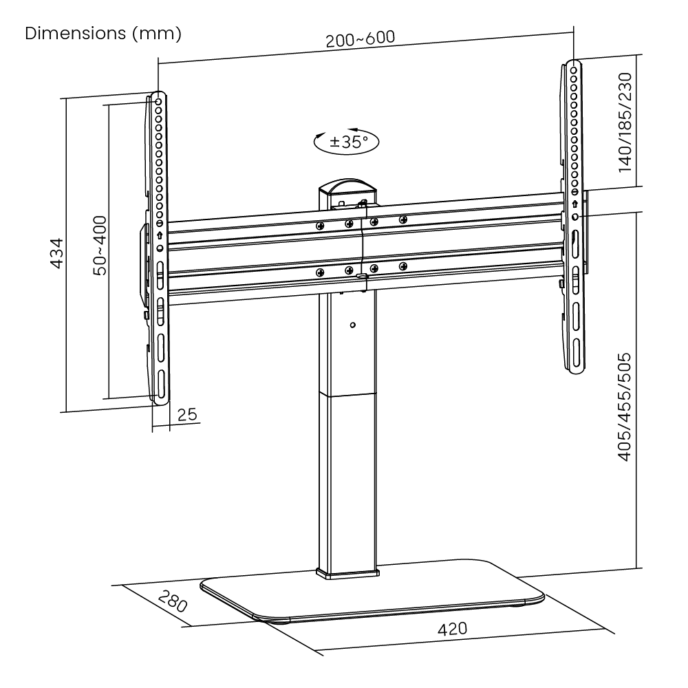 Dimension drawing of the Lumi LDT03-23L TV tabletop stand showing overall size and mounting dimensions
