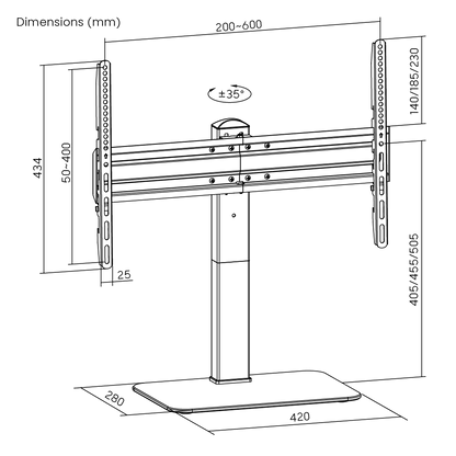 Dimension drawing of the Lumi LDT03-23L TV tabletop stand showing overall size and mounting dimensions