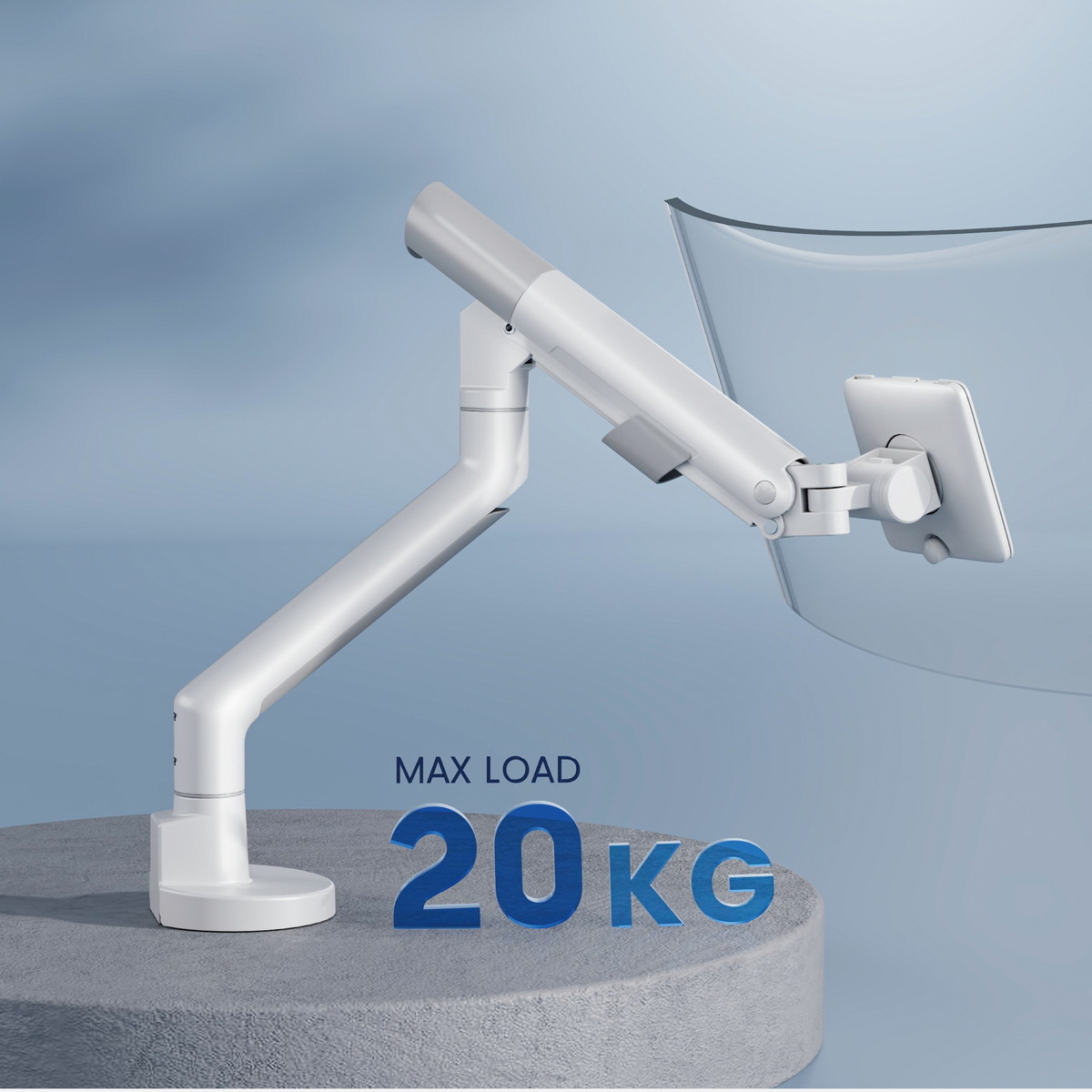 Lumi LDT102-C012 gas spring monitor arm load rating graphic, rated for 2 to 20 kg (4.4 to 44 lbs)