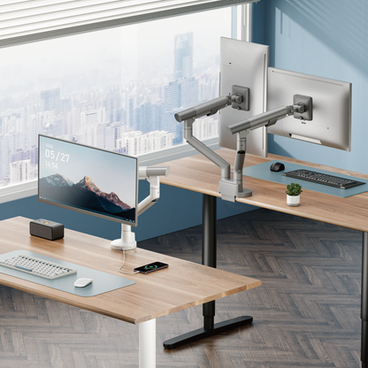 Lumi LDT102-C024 gas spring monitor arm installed holding a monitor on a desk in an office setup