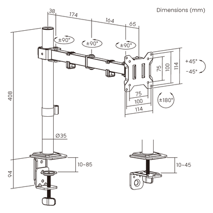 Dimension drawing of the Lumi LDT110-C012 articulating monitor arm showing overall size and mounting dimensions