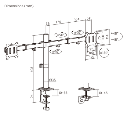 Dimension drawing of the Lumi LDT110-C024 articulating monitor arm showing overall size and mounting dimensions
