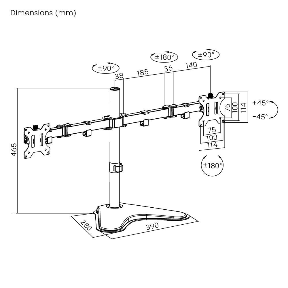 Dimension drawing of the Lumi LDT12-T024N monitor stand showing overall size and mounting dimensions