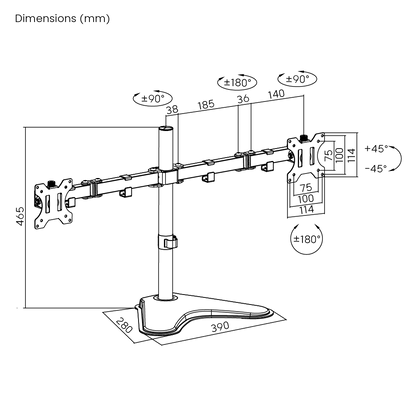 Dimension drawing of the Lumi LDT12-T024N monitor stand showing overall size and mounting dimensions
