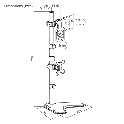 Dimension drawing of the Lumi LDT12-T02V monitor stand showing overall size and mounting dimensions