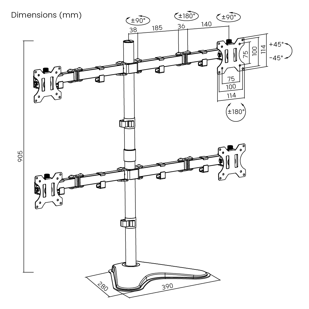 Dimension drawing of the Lumi LDT12-T048N monitor stand showing overall size and mounting dimensions