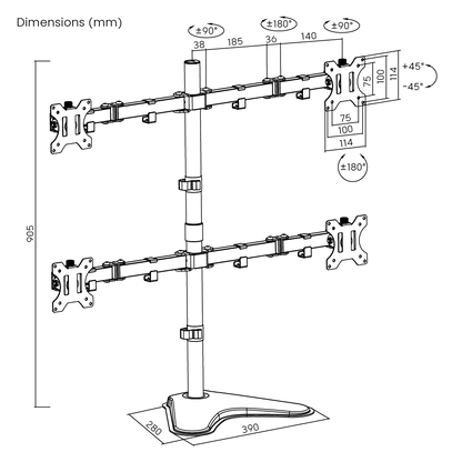 Dimension drawing of the Lumi LDT12-T048N monitor stand showing overall size and mounting dimensions