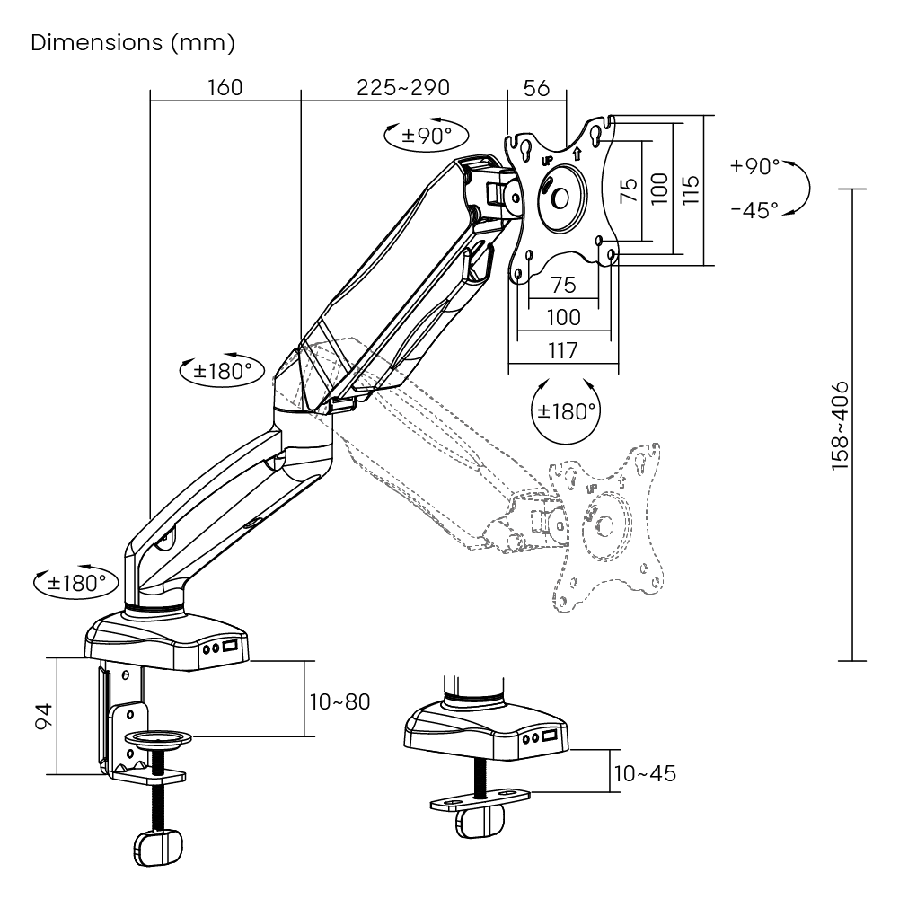 Dimension drawing of the Lumi LDT13-C012E mechanical spring monitor arm showing overall size and mounting dimensions