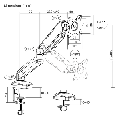 Dimension drawing of the Lumi LDT13-C012E mechanical spring monitor arm showing overall size and mounting dimensions