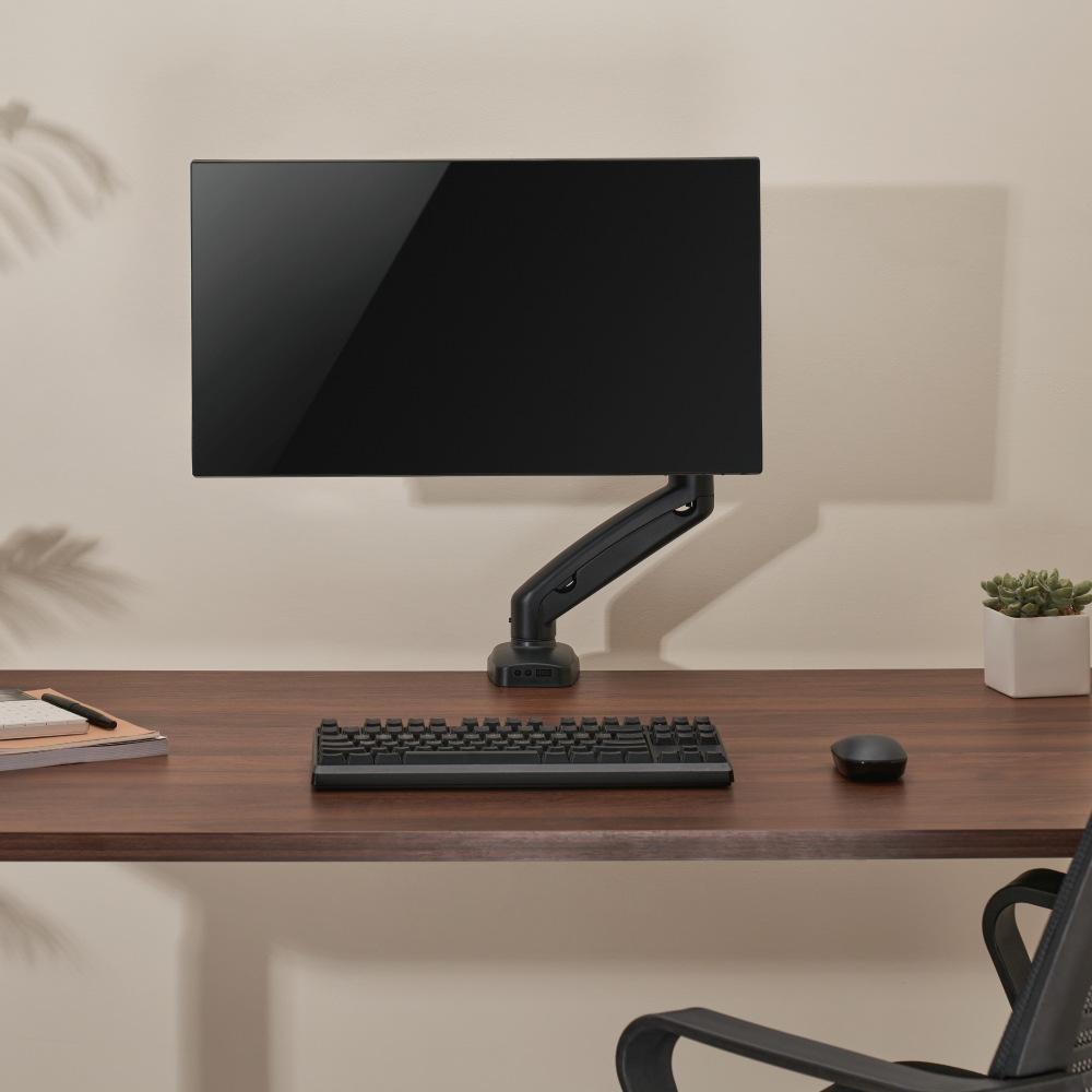 Lumi LDT13-C012E mechanical spring monitor arm installed holding a monitor on a desk in an office setup