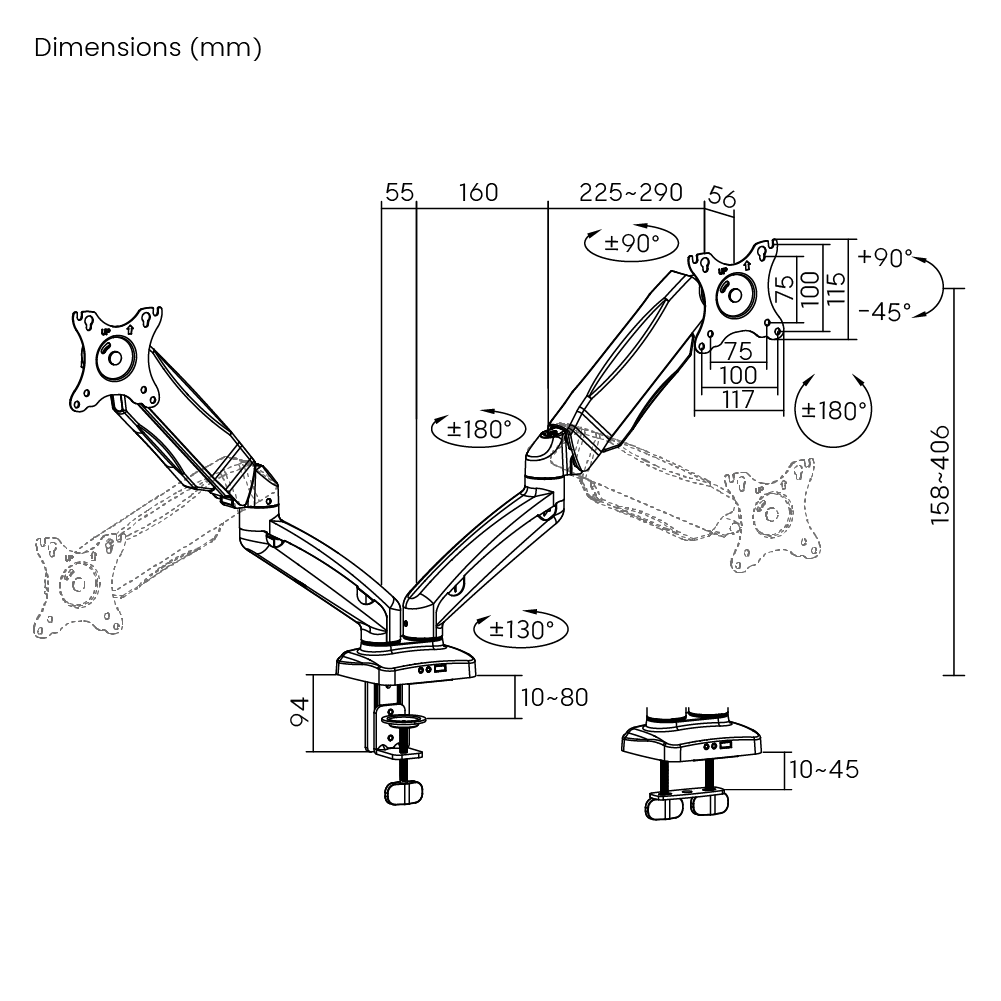 Dimension drawing of the Lumi LDT13-C024E mechanical spring monitor arm showing overall size and mounting dimensions