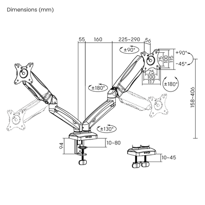 Dimension drawing of the Lumi LDT13-C024E mechanical spring monitor arm showing overall size and mounting dimensions