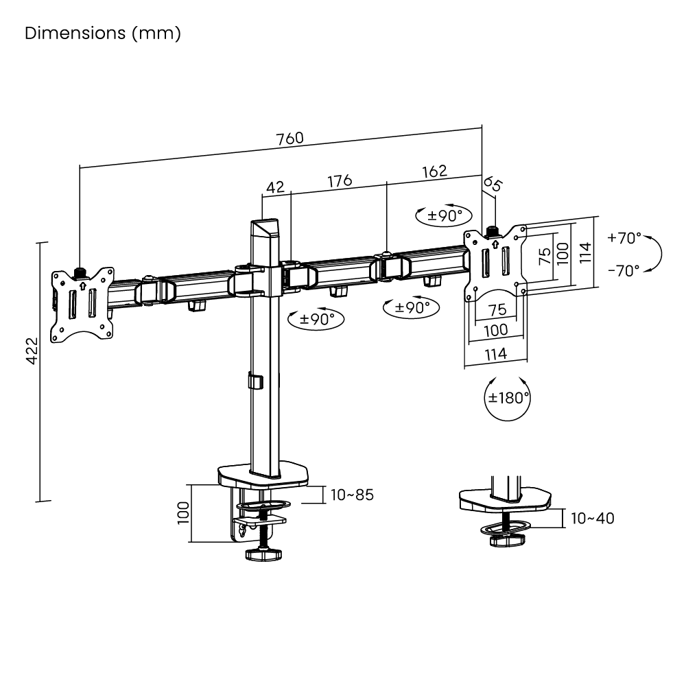 Dimension drawing of the Lumi LDT55-C024 articulating monitor arm showing overall size and mounting dimensions