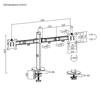 Dimension drawing of the Lumi LDT55-C024 articulating monitor arm showing overall size and mounting dimensions