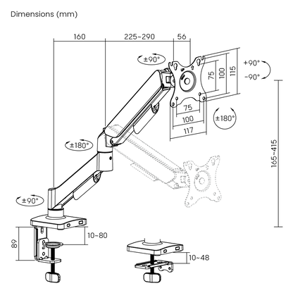 Dimension drawing of the Lumi LDT97-C012 gas spring monitor arm showing overall size and mounting dimensions