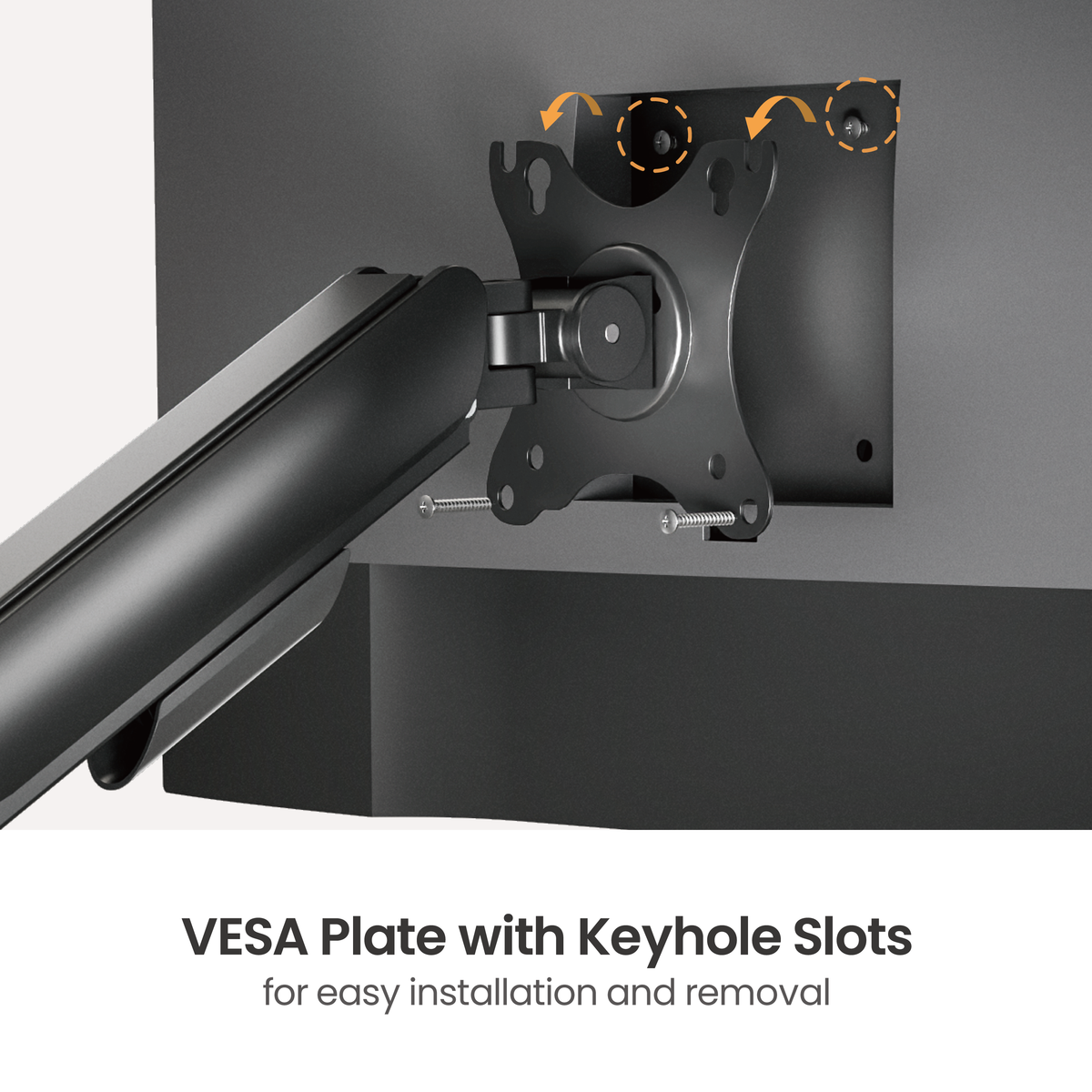 Lumi LDT97-C012 gas spring monitor arm VESA plate with keyhole slots for attaching a monitor