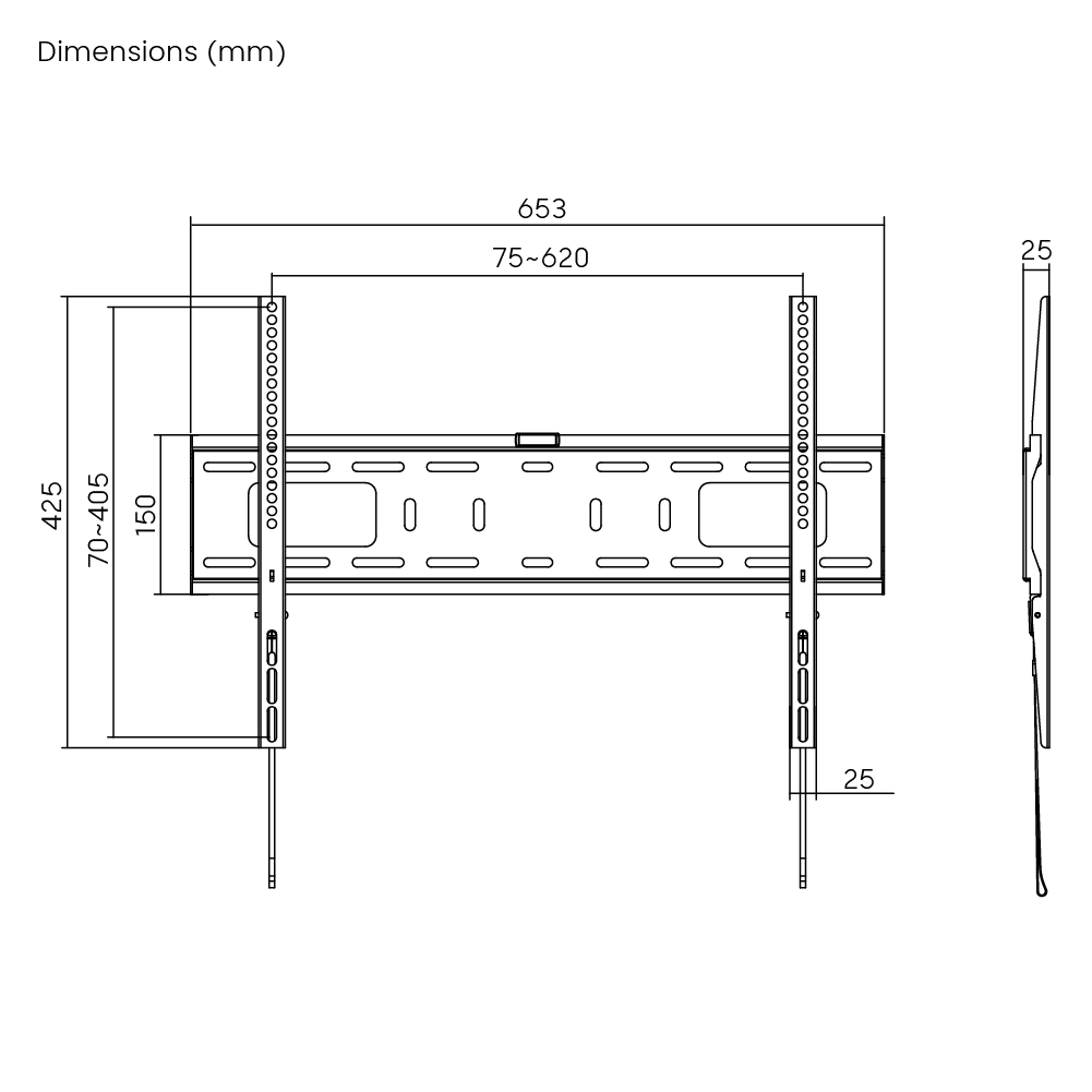 Dimension drawing of the Lumi LP42-46F fixed TV wall mount showing overall size and mounting dimensions