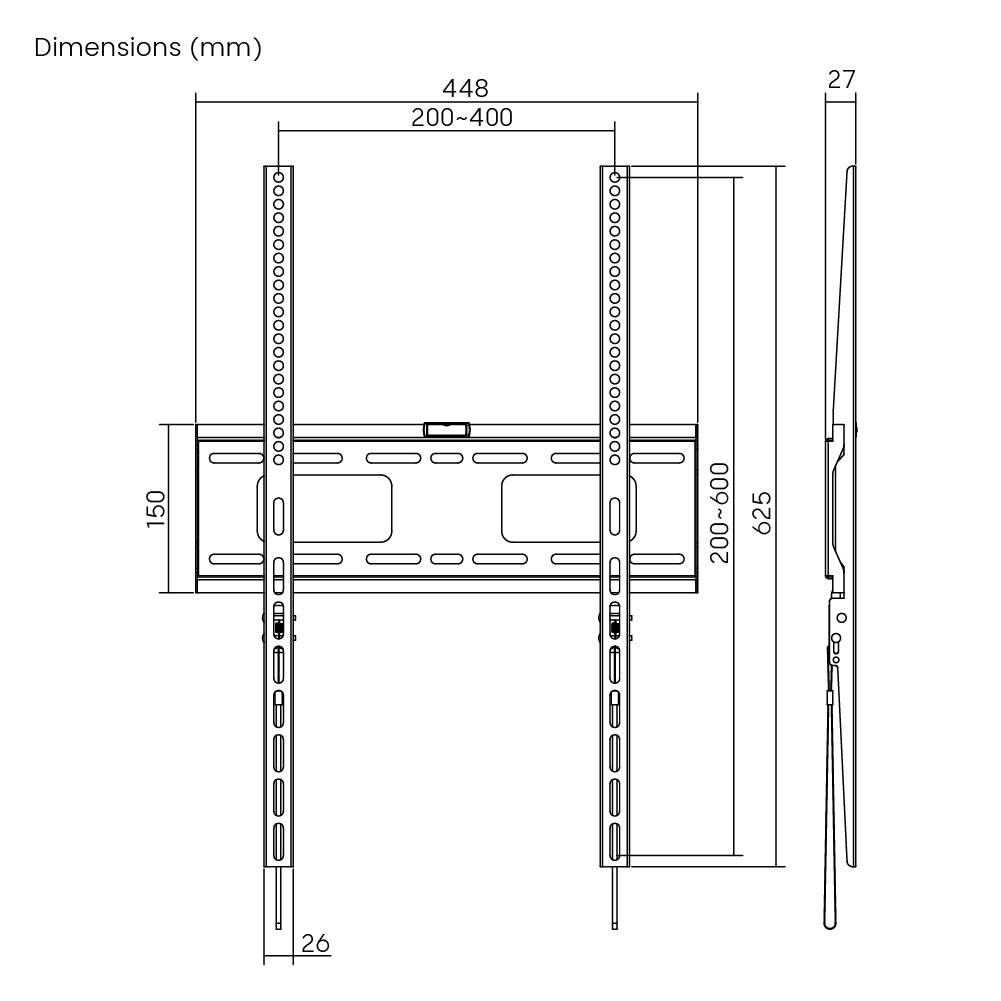 Dimension drawing of the Lumi LP42-64AF fixed TV wall mount showing overall size and mounting dimensions
