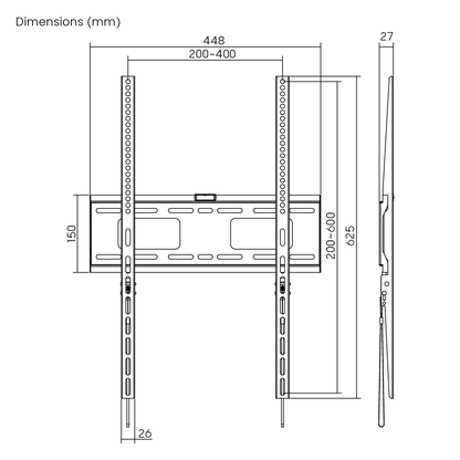 Dimension drawing of the Lumi LP42-64AF fixed TV wall mount showing overall size and mounting dimensions