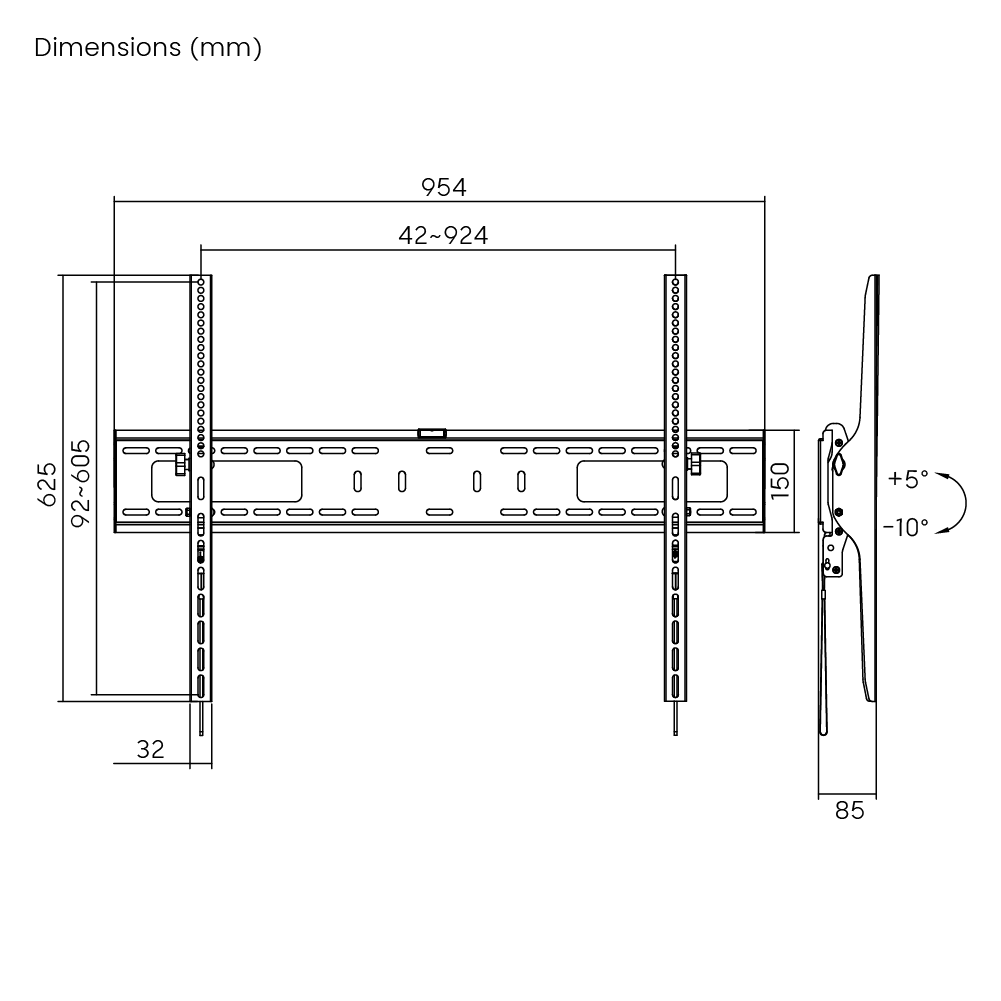 Dimension drawing of the Lumi LP42-69T tilt TV wall mount showing overall size and mounting dimensions