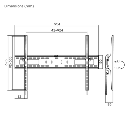 Dimension drawing of the Lumi LP42-69T tilt TV wall mount showing overall size and mounting dimensions