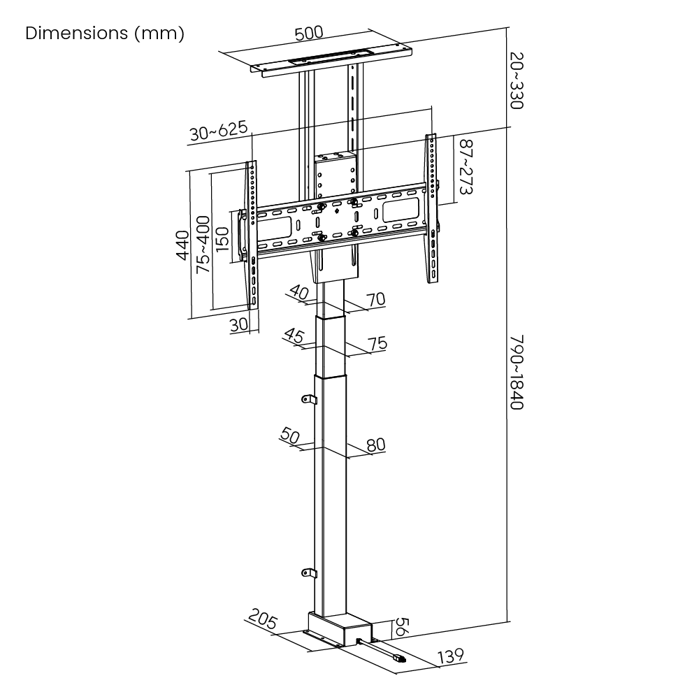 Dimension drawing of the Lumi LP66E-46ML motorized TV lift stand showing overall size and mounting dimensions