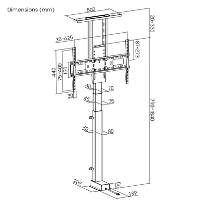 Dimension drawing of the Lumi LP66E-46ML motorized TV lift stand showing overall size and mounting dimensions