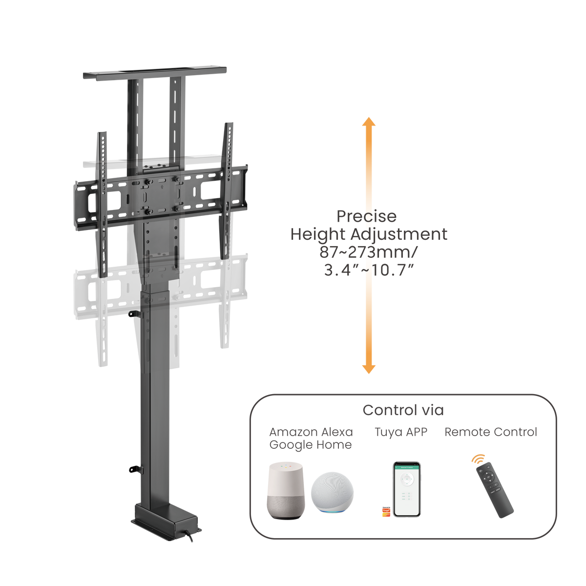 Lumi LP66E-46ML motorized TV lift stand showing the height adjustment