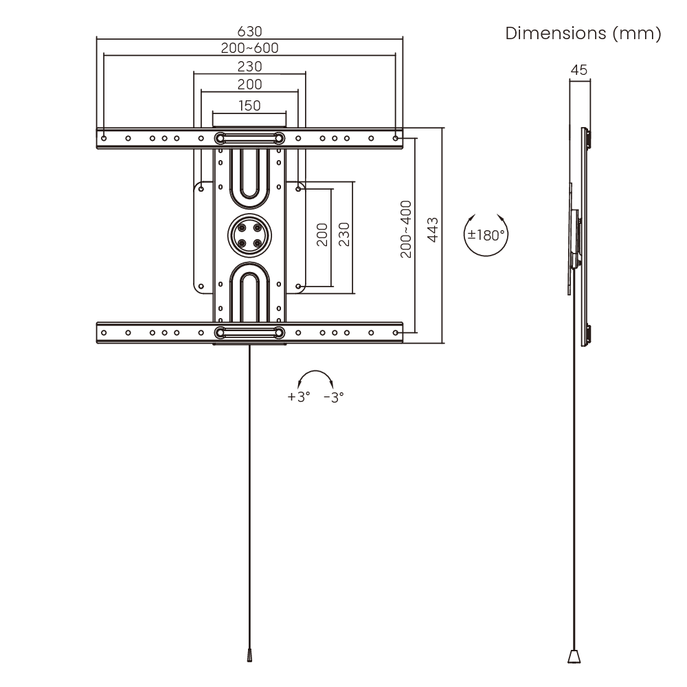 Dimension drawing of the Lumi LP69-46F fixed TV wall mount showing overall size and mounting dimensions