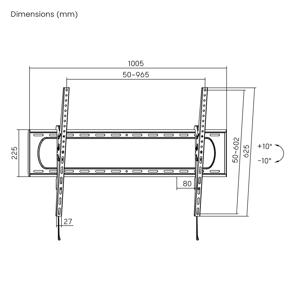 Dimension drawing of the Lumi LP73-69T tilt TV wall mount showing overall size and mounting dimensions