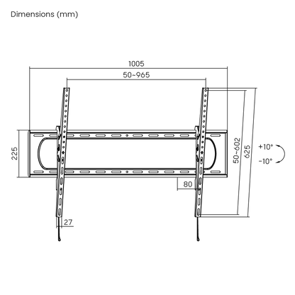 Dimension drawing of the Lumi LP73-69T tilt TV wall mount showing overall size and mounting dimensions