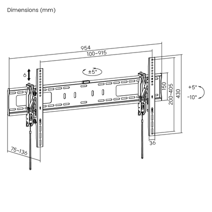 Dimension drawing of the Lumi LP75-48T tilt TV wall mount showing overall size and mounting dimensions