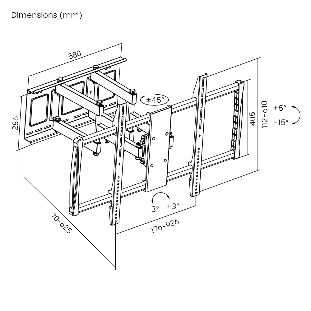 Dimension drawing of the Lumi LPA37-696 full-motion TV wall mount showing overall size and mounting dimensions