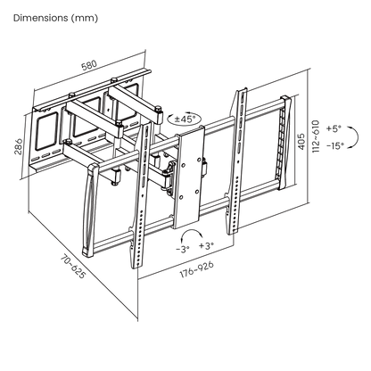 Dimension drawing of the Lumi LPA37-696 full-motion TV wall mount showing overall size and mounting dimensions