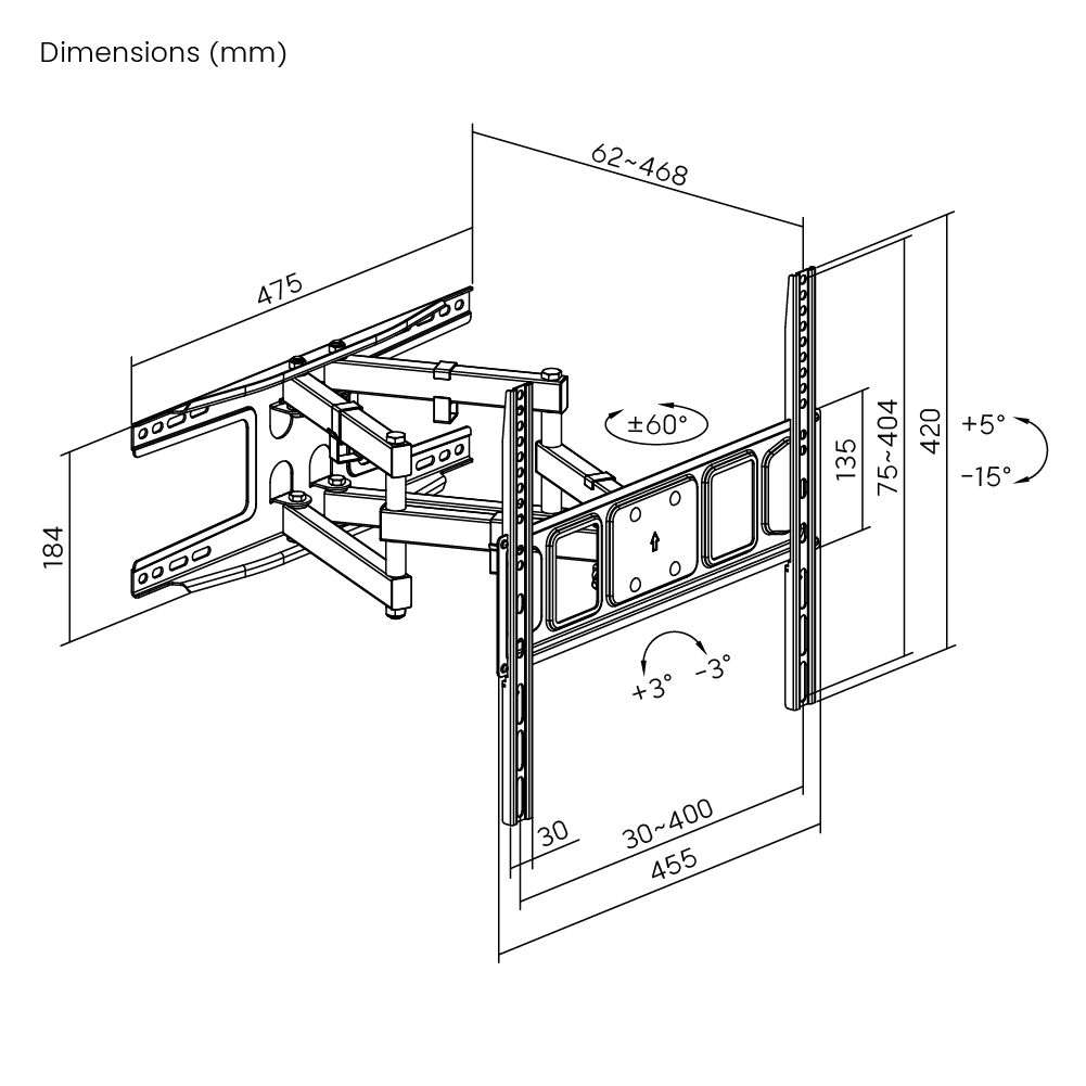 Dimension drawing of the Lumi LPA63-446 full-motion TV wall mount showing overall size and mounting dimensions
