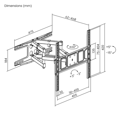 Dimension drawing of the Lumi LPA63-446 full-motion TV wall mount showing overall size and mounting dimensions